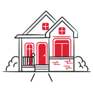 Illustration d’une maison avec une entrée rouge, symbolisant le domicile et les services à la maison